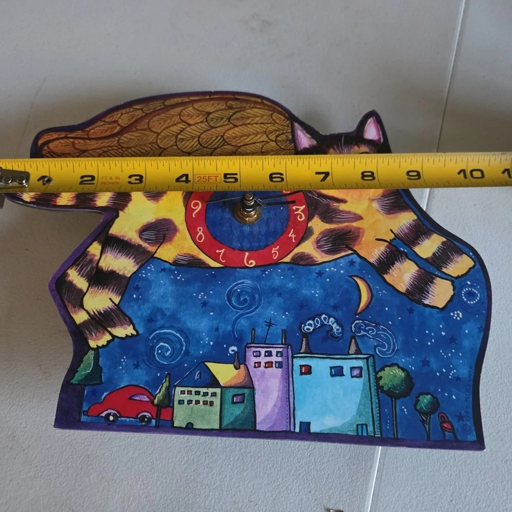 Wendy Costa 1994 Whimsical Flying Cat Wall Clock City Sky Line